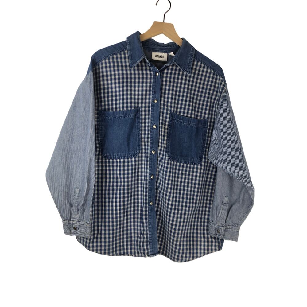 VTG GITANO Women's 18W Denim Plaid Striped Patchwork Button Front Top 90's